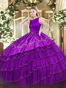 Fancy Purple Ball Gowns Embroidery and Ruffled Layers 15 Quinceanera Dress Clasp Handle Organza Sleeveless Floor Length