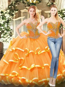 Edgy Orange Red Sleeveless Organza Lace Up Vestidos de Quinceanera for Military Ball and Sweet 16 and Quinceanera