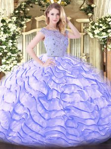 Best Lavender Quinceanera Gowns Military Ball and Sweet 16 and Quinceanera with Beading and Ruffled Layers Bateau Sleeve