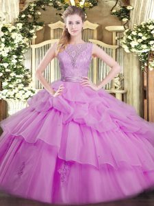 Lilac Ball Gowns Lace and Ruffled Layers Quince Ball Gowns Backless Organza Sleeveless Floor Length