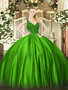 Satin V-neck Sleeveless Backless Beading and Lace Quinceanera Dress in Green