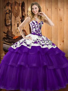 Colorful Purple Ball Gowns Sweetheart Sleeveless Organza Sweep Train Lace Up Embroidery Sweet 16 Dress