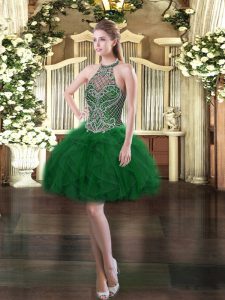 Dark Green Ball Gowns Tulle Halter Top Sleeveless Beading and Ruffles Mini Length Lace Up Prom Evening Gown