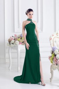 Dark Green Lace Up Prom Gown Beading Sleeveless Sweep Train