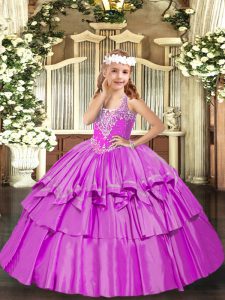 Organza V-neck Sleeveless Lace Up Beading and Ruffled Layers Girls Pageant Dresses in Lilac