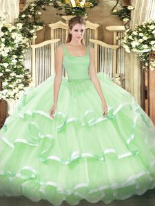 Attractive Sleeveless Floor Length Beading and Ruffled Layers Zipper 15th Birthday Dress with Apple Green