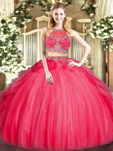 Red Two Pieces Tulle Scoop Sleeveless Beading and Ruffles Floor Length Zipper Quince Ball Gowns