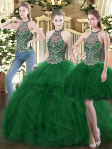 Fashionable Organza High-neck Sleeveless Lace Up Beading and Ruffles Quinceanera Gowns in Dark Green