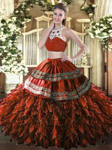 Captivating Rust Red Sleeveless Tulle Backless Sweet 16 Quinceanera Dress for Military Ball and Sweet 16 and Quinceanera