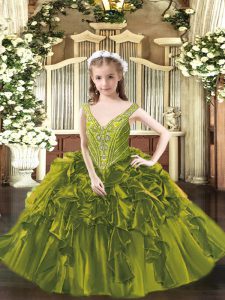 Popular Ball Gowns Girls Pageant Dresses Olive Green V-neck Organza Sleeveless Floor Length Lace Up