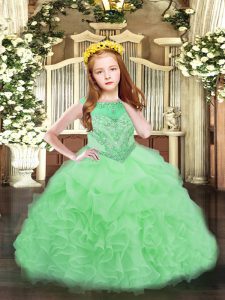 Beautiful Apple Green Sleeveless Floor Length Beading and Ruffles and Pick Ups Zipper Kids Pageant Dress