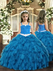 Blue Lace Up Straps Appliques and Ruffles Little Girl Pageant Gowns Organza Sleeveless