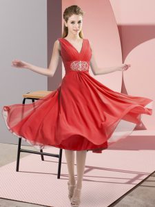 Inexpensive Coral Red Side Zipper Damas Dress Beading Sleeveless Knee Length
