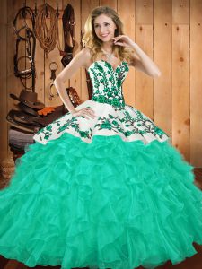Custom Made Turquoise Lace Up Quinceanera Gown Embroidery and Ruffles Sleeveless Floor Length