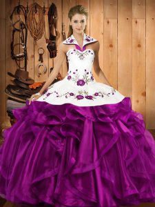 Most Popular Eggplant Purple Organza Lace Up Vestidos de Quinceanera Sleeveless Floor Length Embroidery and Ruffles