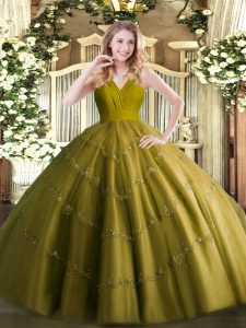 Customized Olive Green Tulle Zipper Quince Ball Gowns Sleeveless Floor Length Beading