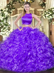 Superior Tulle High-neck Sleeveless Criss Cross Ruffles 15th Birthday Dress in Eggplant Purple
