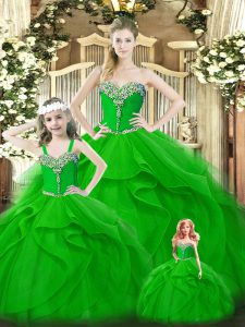 Green Sleeveless Floor Length Beading and Ruffles Lace Up 15th Birthday Dress