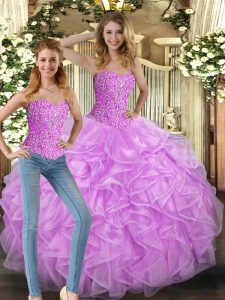 Fabulous Lilac Ball Gowns Beading and Ruffles Ball Gown Prom Dress Lace Up Tulle Sleeveless Floor Length
