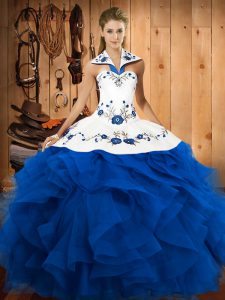 Shining Blue Halter Top Neckline Embroidery and Ruffles Quince Ball Gowns Sleeveless Lace Up