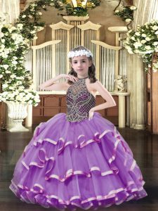 Ball Gowns Pageant Dresses Lavender Halter Top Organza Sleeveless Floor Length Lace Up