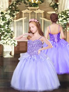 Gorgeous Lavender Organza Lace Up Spaghetti Straps Sleeveless Floor Length Little Girls Pageant Dress Appliques