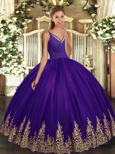 V-neck Sleeveless Backless Quince Ball Gowns Eggplant Purple Tulle