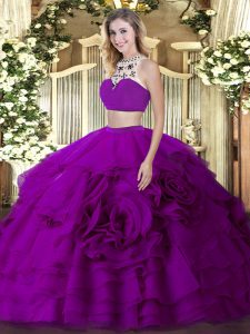 Fuchsia Tulle Backless High-neck Sleeveless Floor Length Quince Ball Gowns Beading and Ruffled Layers