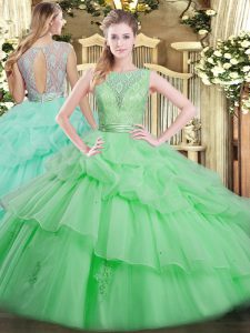 Beading and Ruffled Layers 15th Birthday Dress Apple Green Backless Sleeveless Floor Length