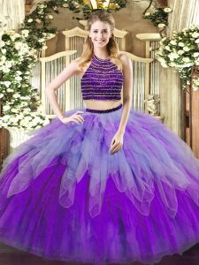 Fitting Multi-color Lace Up Halter Top Beading and Ruffles Sweet 16 Dress Tulle Sleeveless