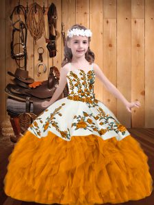 Wonderful Straps Sleeveless Pageant Gowns For Girls Floor Length Embroidery and Ruffles Gold Organza