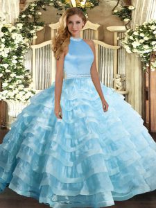 Customized Floor Length Ball Gowns Sleeveless Baby Blue Sweet 16 Quinceanera Dress Backless