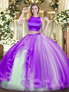 Extravagant Purple Two Pieces Ruffles Sweet 16 Dresses Criss Cross Tulle Sleeveless Floor Length