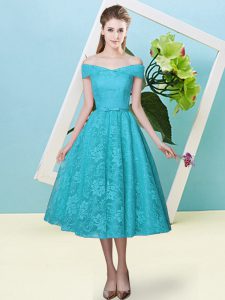 Teal Cap Sleeves Tea Length Bowknot Lace Up Quinceanera Dama Dress