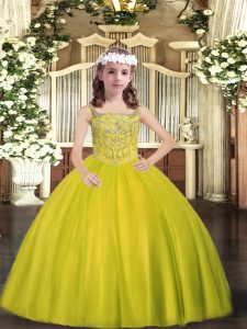 Excellent Tulle Straps Sleeveless Lace Up Beading Little Girls Pageant Dress in Yellow Green