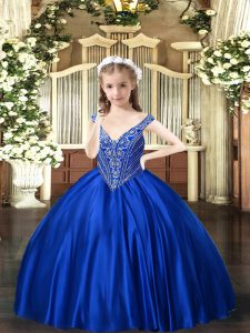 Hot Selling Ball Gowns Pageant Dresses Royal Blue V-neck Satin Sleeveless Floor Length Lace Up