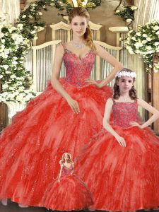 Charming Red Sleeveless Beading and Ruffles Floor Length Quinceanera Gown