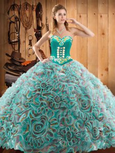 Discount Satin and Fabric With Rolling Flowers Sweetheart Sleeveless Sweep Train Lace Up Embroidery Quinceanera Dress in