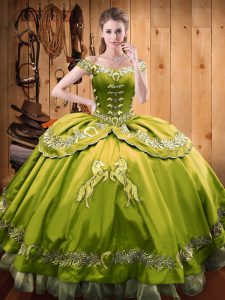 Off The Shoulder Sleeveless Quinceanera Dress Floor Length Beading and Embroidery Olive Green Satin and Organza