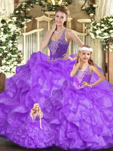 Eggplant Purple Organza Lace Up Straps Sleeveless Floor Length Sweet 16 Quinceanera Dress Beading and Ruffles