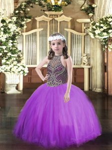 Ball Gowns Little Girls Pageant Dress Eggplant Purple Halter Top Tulle Sleeveless Floor Length Lace Up