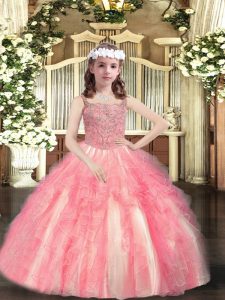 Eye-catching Watermelon Red Sleeveless Tulle Lace Up Pageant Dress for Teens for Party and Sweet 16 and Quinceanera and 