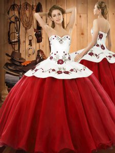 Pretty Wine Red Lace Up Halter Top Embroidery Quinceanera Dresses Satin and Tulle Sleeveless