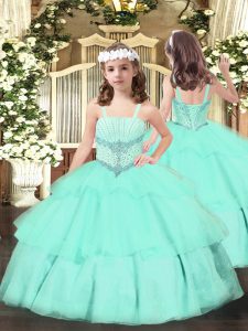 Straps Sleeveless Lace Up Little Girl Pageant Gowns Apple Green Organza