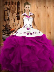 Affordable Floor Length Fuchsia Ball Gown Prom Dress Halter Top Sleeveless Lace Up
