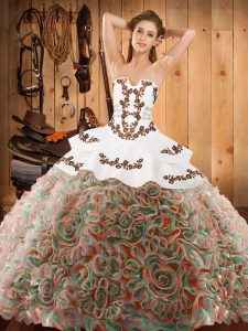 Dazzling Sleeveless Satin and Fabric With Rolling Flowers With Train Sweep Train Lace Up 15 Quinceanera Dress in Multi-c