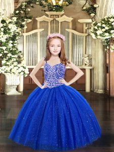 Royal Blue Tulle Lace Up Straps Sleeveless Floor Length Girls Pageant Dresses Beading