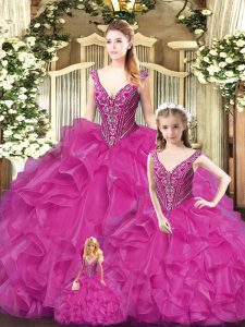 Traditional Fuchsia Tulle Lace Up Quinceanera Gowns Sleeveless Floor Length Beading and Ruffles
