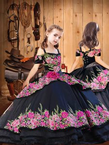 High Quality Black Short Sleeves Organza Brush Train Lace Up Pageant Dress for Military Ball and Sweet 16 and Quinceaner