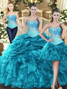Floor Length Lace Up Quinceanera Dresses Teal for Military Ball and Sweet 16 and Quinceanera with Beading and Ruffles